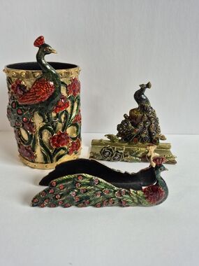 Vintage Bejeweled Enamel Peacock Desk Set 3pc Mint Condition